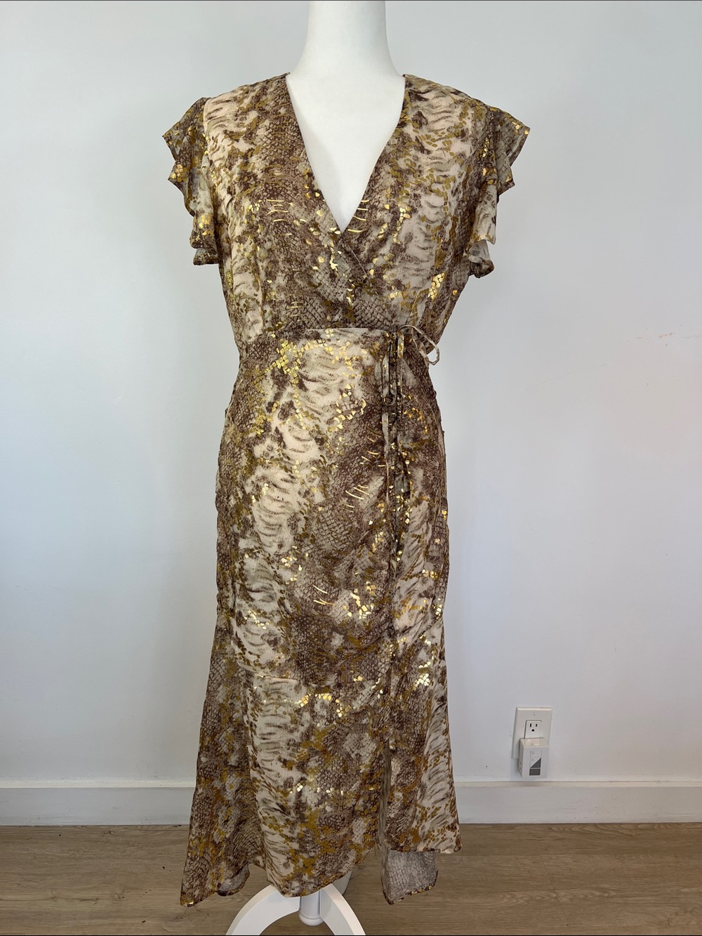 Beulah Gold & Brown Metallic Wrap Maxi Dress